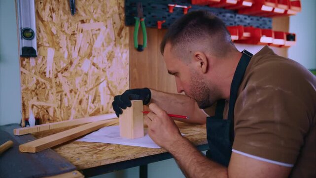 Focused craftsman marks wood with red pencil. Workshop tools line background shelves. Hands steady on block as precision measure. Crafting detail suggests skill and care