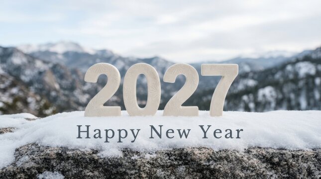 Numeric characters spelling two thousand twenty seven rest on snow with a mountain backdrop 2027 newyear year numbers digits countdown celebration holiday winter snowscape mountains