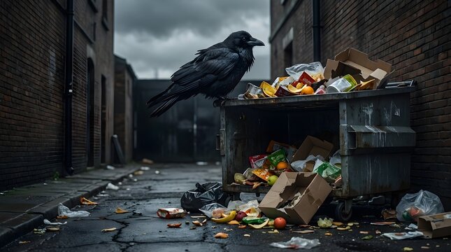 A large black raven perched on an overflowing metal dumpster in a dark, gloomy urban alleyway filled with scattered trash and debris under a cloudy sky