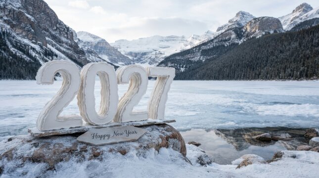 Wooden numerals spelling two thousand twenty seven rest on a snow covered rock in a winter landscape 2027 year digits numbers snowscape mountains lake frozen