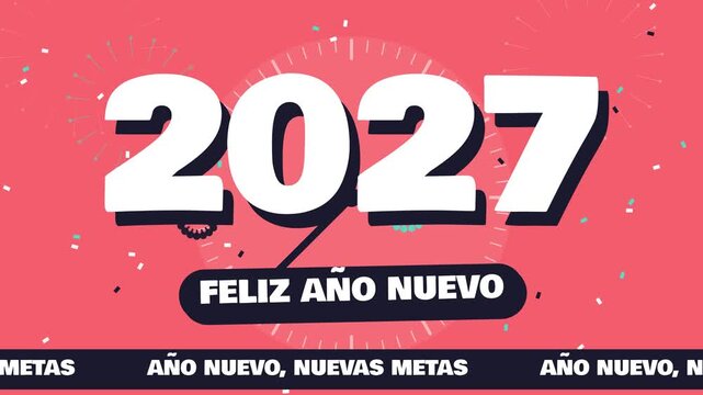 Fondo animado en bucle de feliz A&ntilde;o Nuevo 2027 con cuenta regresiva, fuegos artificiales y confeti