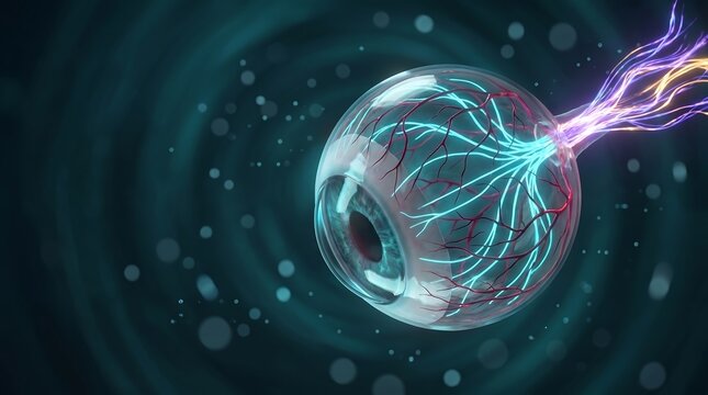Digital eye illustration with glowing neural connections and electrical energy transfer