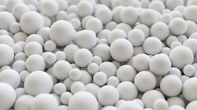 Collection of various sized white spherical plastic beads closely packed together