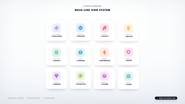 Icons arranged in a grid system showcase a collection of minimalist graphic symbols for modern user interface design projects.