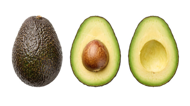 Avocado whole, halved with seed, and isolated on transparent png