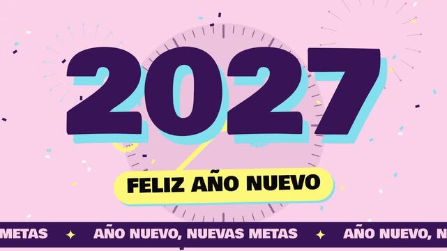 Fondo animado en bucle de feliz A&ntilde;o Nuevo 2027 con cuenta regresiva, fuegos artificiales y confeti