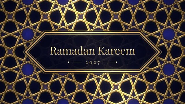 Ramadan Kareem 2027 gold greeting over an embossed Islamic star pattern on navy, seamless loop
