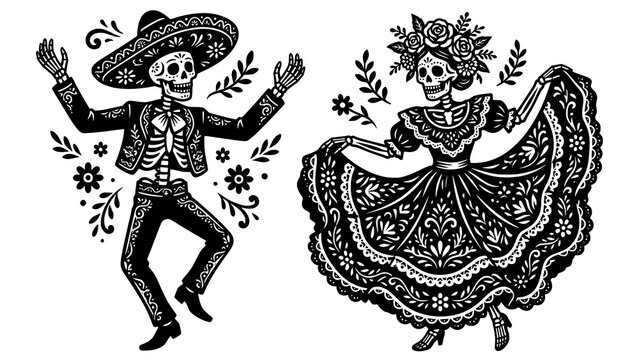 Ornamental skeletons of a man and woman dancing during traditional mexican holiday with cultu