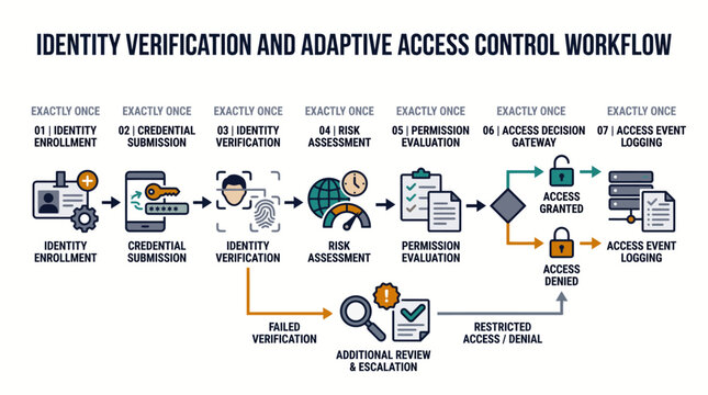 Illustration of a comprehensive security authentication workflow for digital identity verification and adaptive access control systems