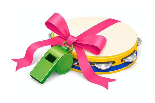 Whistle and tambourine tied with pink ribbon