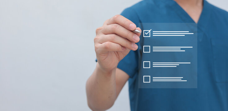 general practitioner hand use stylus pen to check box on medical checklist or opd record to read and diagnose and assess about patient's symptom for healthy and lifestyle concept