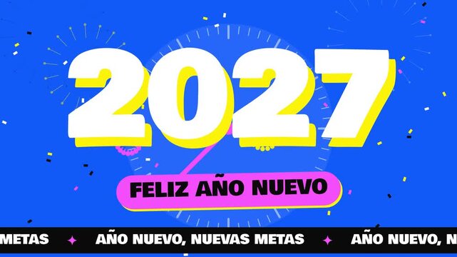 Fondo animado en bucle de feliz A&ntilde;o Nuevo 2027 con cuenta regresiva, fuegos artificiales y confeti