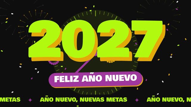 Fondo animado en bucle de feliz A&ntilde;o Nuevo 2027 con cuenta regresiva, fuegos artificiales y confeti