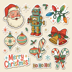 Christmas Retro vintage Christmas stickers with Santa Claus, robot toy, candy canes, bells, lights, and Merry Christmas greetings on beige background. vector © md
