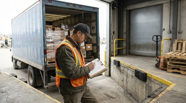 Dock Supervisor Signing Delivery Note Beside Loaded Truck, Proof of Delivery and Freight Receiving