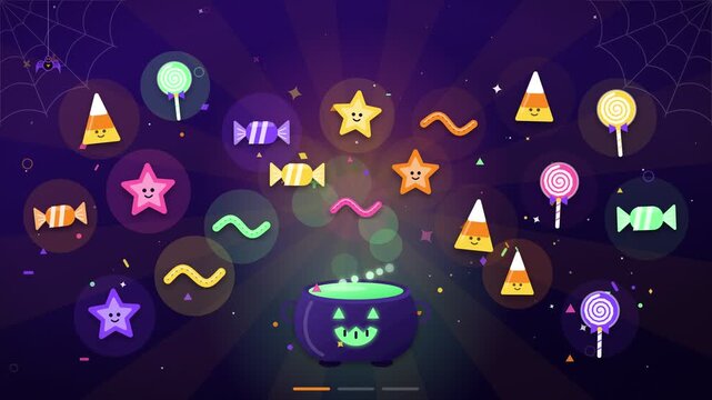 Halloween Spooky Candy Blast Animation with Cauldron and Trick or Treat Text in 4K 30fps 16:9