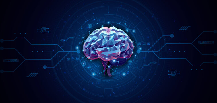 Futuristic low-poly human brain. Concept of Artificial Intelligence, neural networks, and global data connectivity.