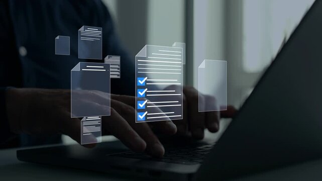 Fast checklist,clipboard task business management.Productivity checklist and filling survey form online.Businessman in computer doing online data documentation checklist survey. 
