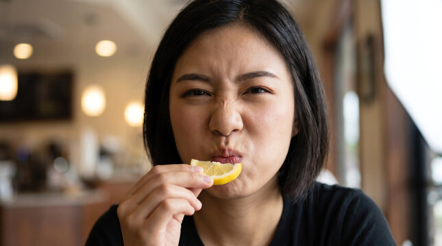 Close up of woman eating sour lemon slice with puckered face and squinted eyes, sour taste reaction in cafe restaurant