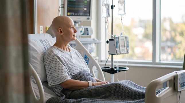 Bald Female Patient Receiving Chemotherapy in a Hospital Bed During Cancer Treatment and Recovery