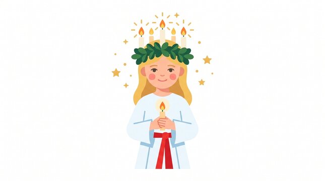 Saint Lucy's Day Vector Illustration of Girl in Traditional White Robe with Candle Wreath