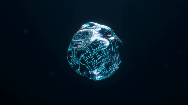 60 FPS Glowing cyber circuit sphere morphing and rotating in dark space with teal neon lines