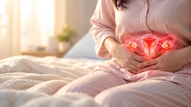 Woman suffering from lower abdominal pain sitting on bed with glowing graphic of female reproductive system depicting menstrual cramps endometriosis or ovarian issues