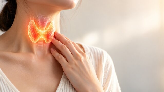 Woman touching her neck with glowing thyroid gland anatomy illustration highlighting endocrine system disorder and throat inflammation