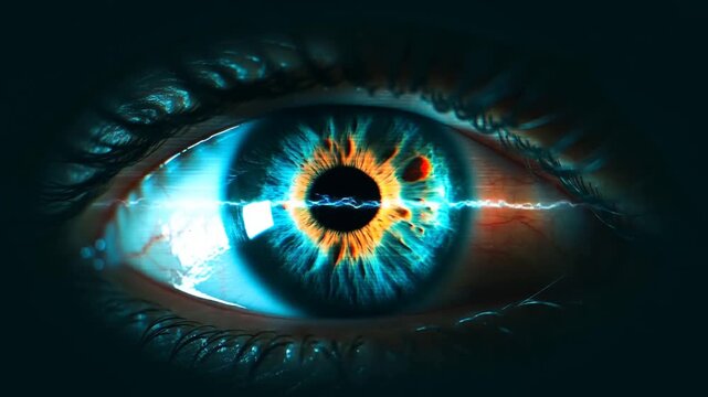 Human Eye With Blue and Orange Iris as Electric Arc Flashes Across Pupil in Darkness