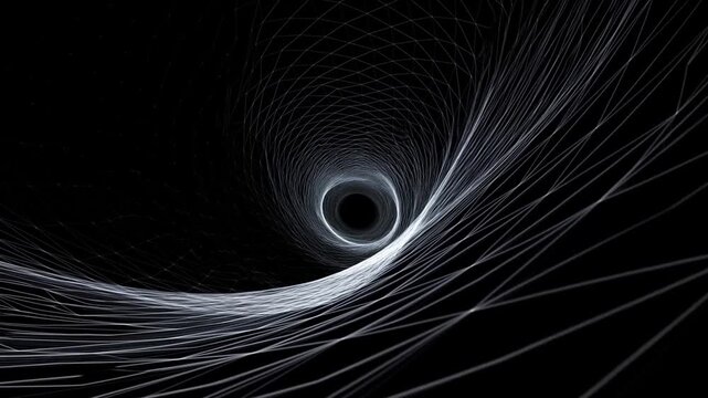 Abstract White Wireframe Tunnel Flows Toward a Dark Circular Center on Black Background