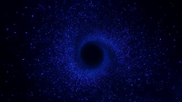 Glowing blue particles swirling around a dark central void in an abstract space