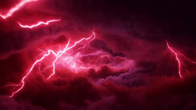 Branching Pink Lightning Flashes Across Dark Magenta Storm Clouds in a Turbulent Sky