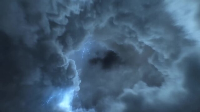 Storm clouds billow across a dark sky as lightning flashes within the turbulent atmosphere