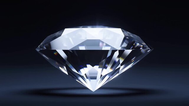 Cut diamond rotating above a dark reflective surface with luminous rainbow reflections