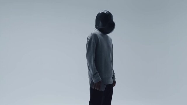 Helmeted Person Holding a Smartphone While Turning in a Minimal Gray Studio Setting