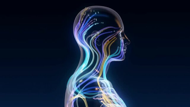 Translucent human profile with glowing neural pathways illuminating through the body against darkness