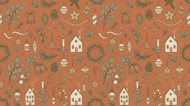 Seamless christmas pattern with houses, ornaments, candles, and pine branches on a rustic terracotta background