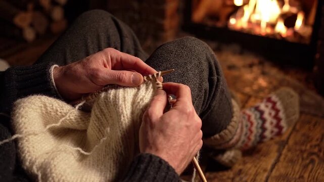 Hands knitting a wool garment beside a fireplace. Handmade craft and traditional needlework. Cozy winter hobby, slow living concept. Home activity.