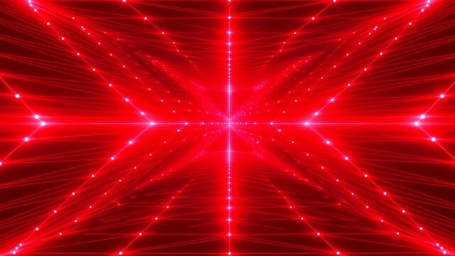 Red luminous grid lines converge and pulse through a symmetrical digital tunnel