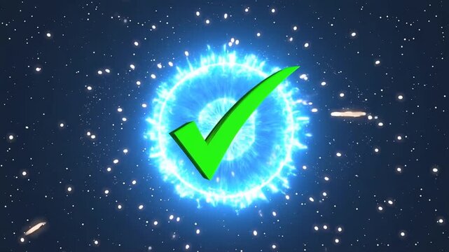 Green Checkmark Over a Glowing Blue Energy Sphere Amid Drifting Stars in Space