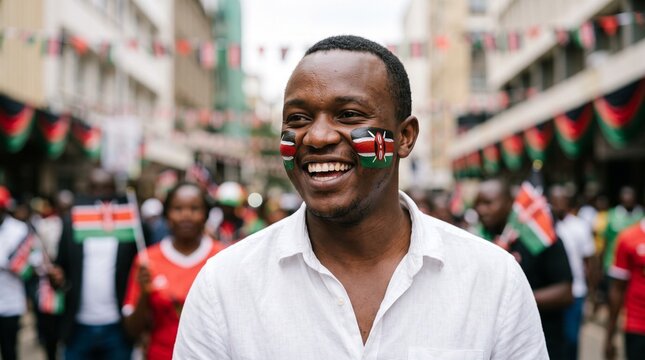 portrait of a happy young Kenyan man with his face painted in the colors of the flag, smiling warmly during a Jamhuri Day event