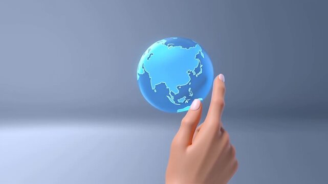 Hand Touches a Glowing Rotating Earth Globe Against a Minimal Blue Background