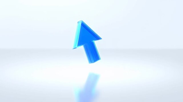 Blue three-dimensional arrow rotating above a reflective white surface in a minimal studio setting