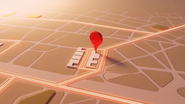 Red location pin marks a destination on a glowing city map with illuminated routes