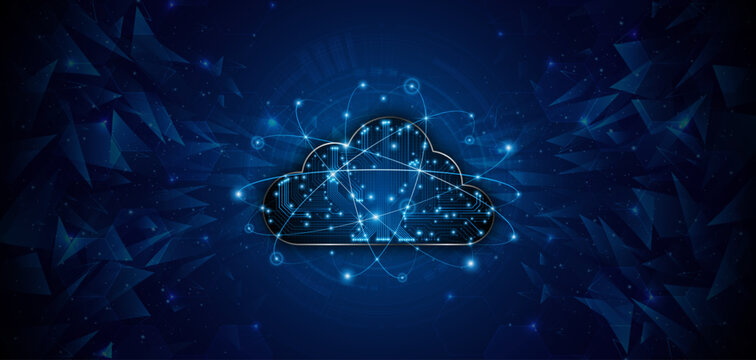 The concept of cloud computing and future data center technology. Digital storage servers on blue circuit boards. High-speed server connectivity for big data processing.