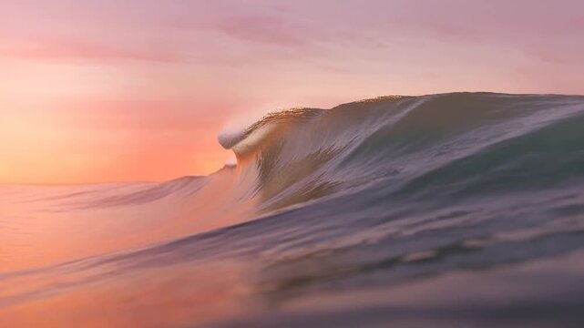 Curling ocean wave rises and breaks beneath a glowing pink sunset over open water
