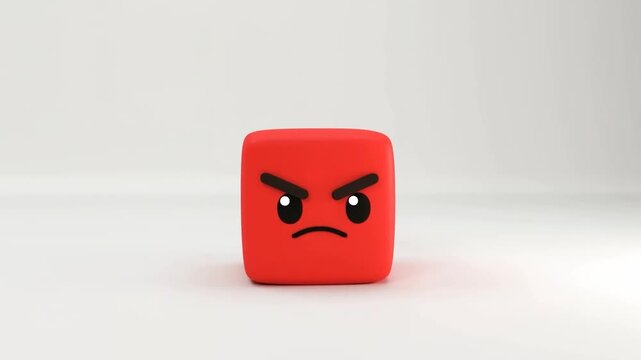 Angry red cube descends and settles onto a white surface in a minimalist studio setting