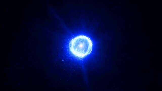 Glowing blue energy sphere radiates particles as surrounding light rings fade into darkness
