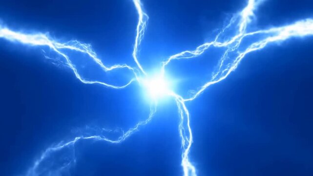 Bright blue electric lightning branches converge and pulse across an abstract dark background