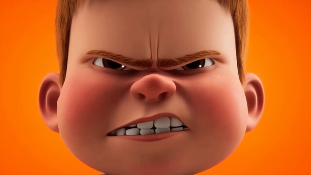Animated boy shifting from a broad grin to an angry grimace against an orange background